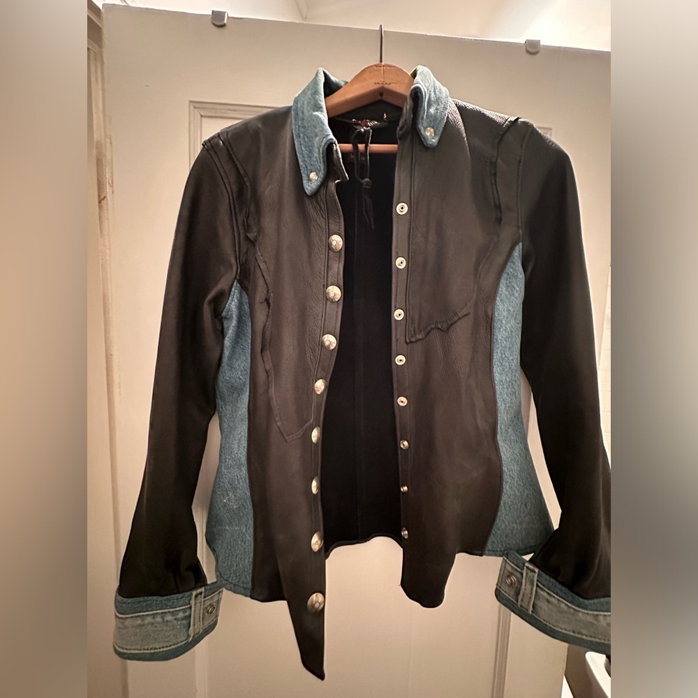 Very Unique denim and leather button up